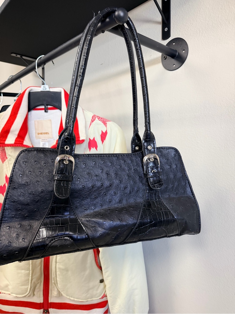 Prada Black Ostrich-Effect Shoulder Bag with Croc Panels - Picture 3 of 6
